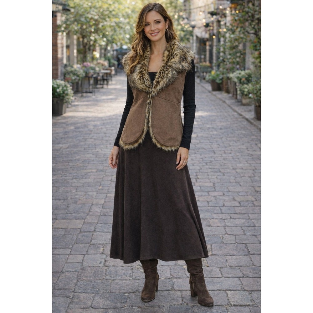 Faux Suede Fur Trim Vest Brown Size Small‎ Chico's Festival